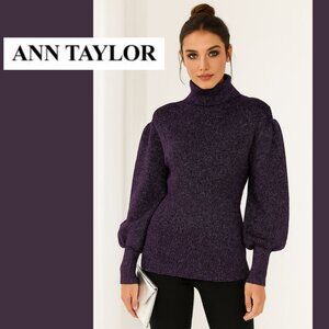 Ann Taylor Purple Metallic Turtleneck Puff Sleeves Sweater (Size XL)